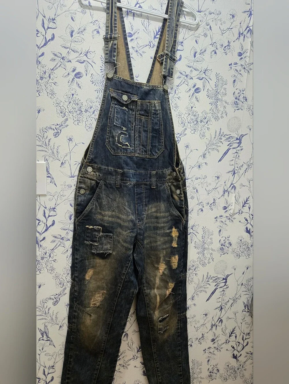 Men's Distressed Denim Overalls